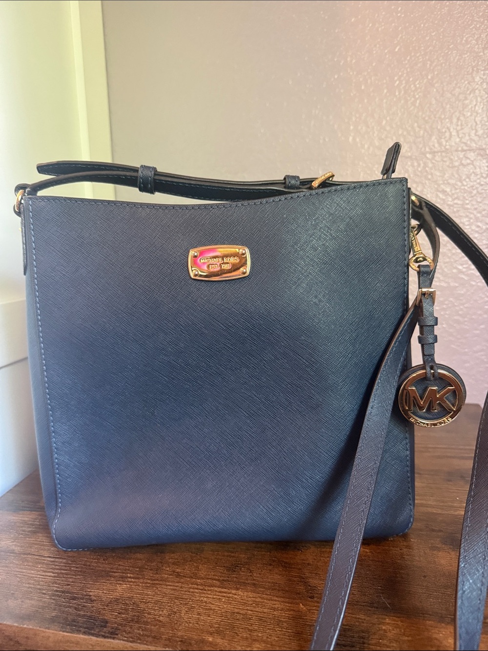 Michael Kors Navy Saffiano Leather Crossbody with Gold Hardware